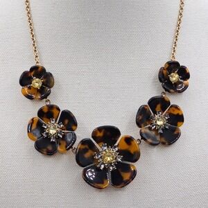 Talbots Bib Necklace 18-21" Faux Tortoise Shell Floral Glass Rhinestone Stmt